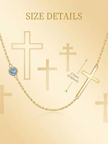 OJK 14K Gold Cross Necklace for Women Sideways Cross Birthstone Jewelry - color: 03-Aquamarine
