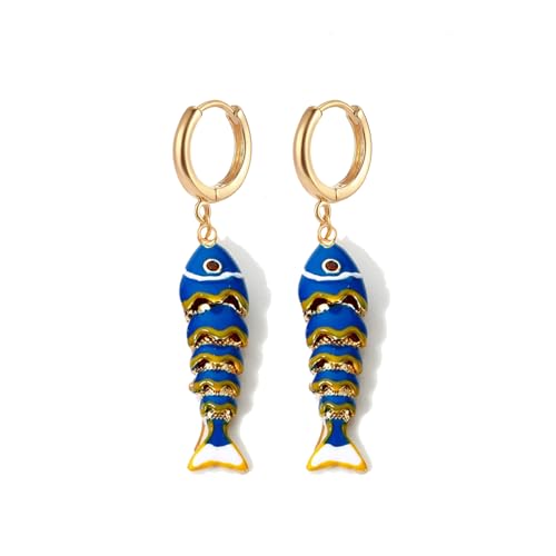 Color Boho Fish Earring for Women, Gold Huggie Hoops Dangle Colorful enamel Summer Beach 3D Stereo Tiny Fish Drop Earrings Ocean Minimalist Statement Jewelry Gift - color: Blue Enamel