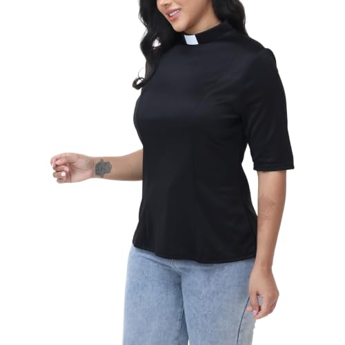 Women's Short Sleeve Clergy T-Shirt - Tab Collar with Back Zipper & Adjustable Collar, Removable White Tabs Minister Top - size: X-Large