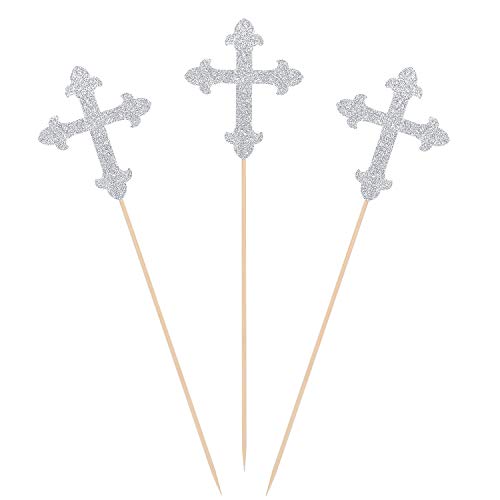 Silver Glitter Cross Centerpiece Sticks for Baptism Christening Party Decorations - Set of 10 - color: Silver