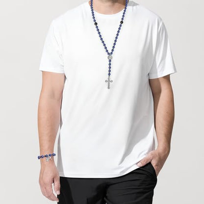 Rosary for Men Women, Natural Stone Beads with St. Benedict Bracelet - color: Lapis Lazuli