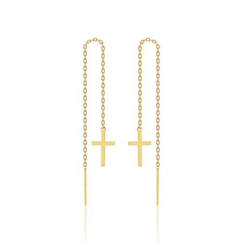 Sterling Silver Earrings Cross Threader for Women | Minimalist Chain Earrings Double Piercings | Dangle Earrings (Gold-plated sterling silver) - color: Gold-plated sterling silver