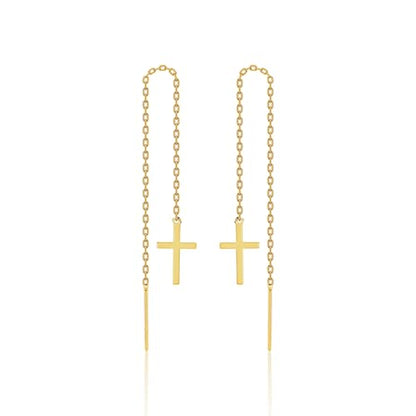 Sterling Silver Earrings Cross Threader for Women | Minimalist Chain Earrings Double Piercings | Dangle Earrings (Gold-plated sterling silver) - color: Gold-plated sterling silver