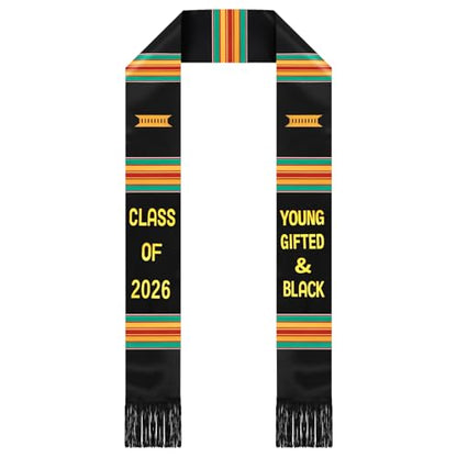 Geyoga Graduation Stole Kente Stole Black Authentic African Art 72" x 4.8" for Adult College Unisex Grads Celebrate - style: Young Gifted & Black