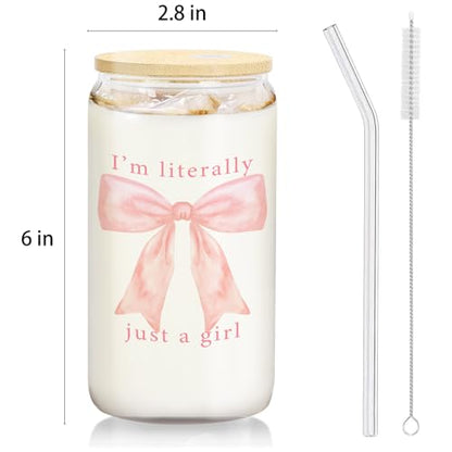 Coquette Pink Bow Girly Aesthetic Glass Cup with Lids and Straws 14oz, I'm Literally Just a Girl Glass Iced Coffee Tumbler Drinking Jars with Cleaning Brush, Girly Gifts for Women - color: Pink Bow4