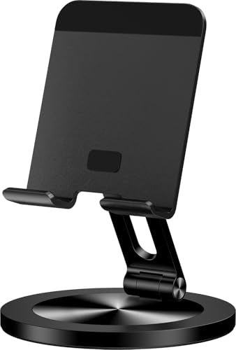 Phone Stand for Desk, 360° Rotating Dual Adjustable Foldable Cell Phone Holder, Heavy Solid All-Aluminum Base Anti-Slip Stable Support for Home Office Study, Fits iPhone Galaxy 4-8" Phones - color: Black