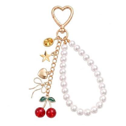 Cute Bag Charms Keychain - Pearl Keyring Wristlet Birthday Gifts - color: Red Cherry