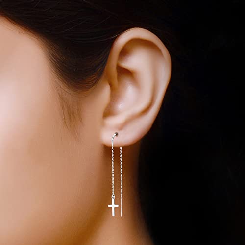 LeCalla 925 Sterling Silver Long Drop Earrings for Women | Lightweight Long Tassel Chain Threader Drop Dangle Earring for Women - color: Cross Threader