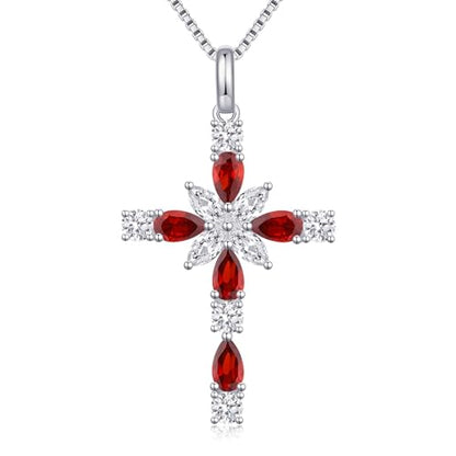 925 Sterling Silver Cross Necklace for Women，Birthday Delicate Star Cross Necklace Jewelry Gifts for Women，Birthstone Religious Jewelry for Mom, Chain 18 inch - color: A. 1. Red-Garnet-January
