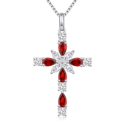 925 Sterling Silver Cross Necklace for Women，Birthday Delicate Star Cross Necklace Jewelry Gifts for Women，Birthstone Religious Jewelry for Mom, Chain 18 inch - color: A. 1. Red-Garnet-January
