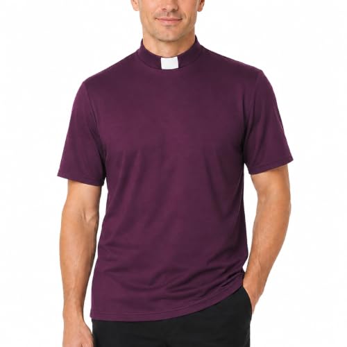 Men's T-Shirt Sleeves Tab Collar Clergy Minister Priest Outfit Priest Costume Shirt Tops - color: Purlpe, size: X-Large
