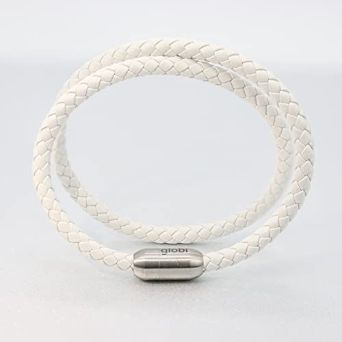 globi Leather Bracelet For Men | Genuine Wrap Braided Leather Cuff Bangle Bracelet with Magnetic Stainless Steel Clasp For Men/Women - color: White