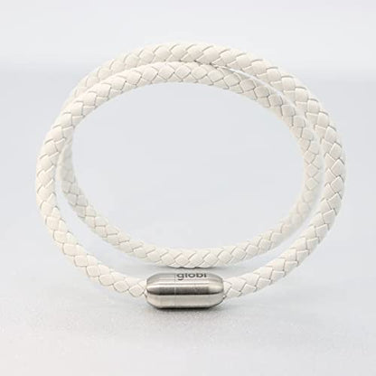 globi Leather Bracelet For Men | Genuine Wrap Braided Leather Cuff Bangle Bracelet with Magnetic Stainless Steel Clasp For Men/Women - color: White