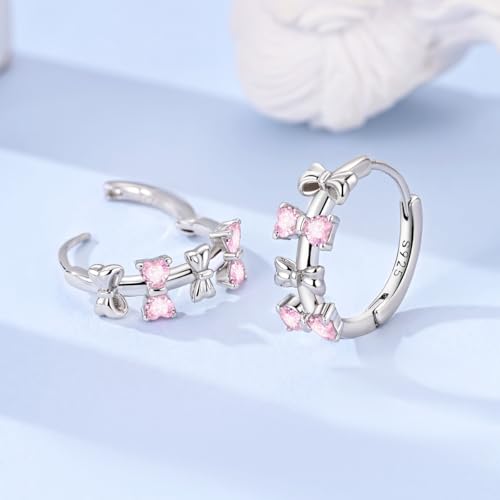 LAZA 925 Sterling Silver Earrings for Women Huggies Hoop Gold Earrings - color: Pink bow hoop earrings