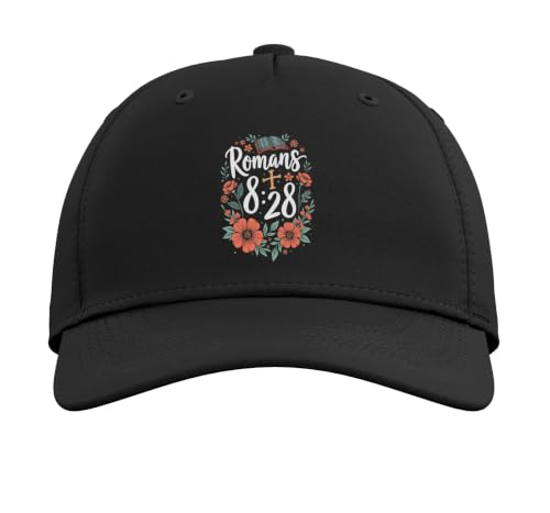Romans 8:28 Bible Verse Flowers Cross Christian Women Adjustable Baseball Hat - color: Black