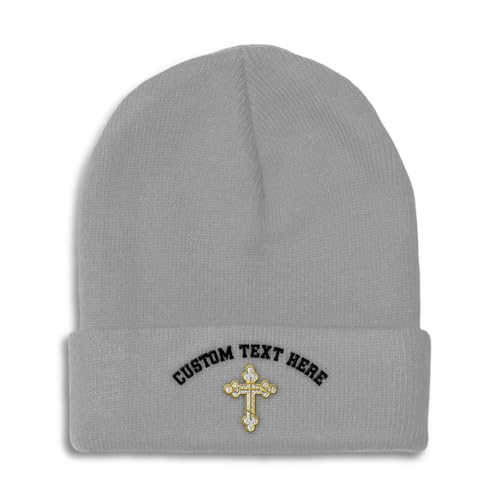 Custom Beanies for Men Gold Outline Orthodox Cross Faith Jesus God Skull Cap Winter Hats Women One Size - color: Light Grey Personalized Text Here