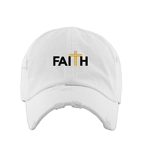 Faith with Cross Vintage Baseball Cap Embroidered Cotton Adjustable Distressed Dad Hat - color: White