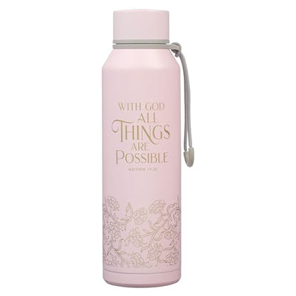 Christian Art Gifts Insulated Stainless Steel Water Bottle: All Things are Possible Bible Verse, Encouraging Gift for Women, Pink & Gold Floral Design, Leak-Proof Twist Cap, Carry Loop, 24 oz. - color: Pink Floral/All Things are Possible
