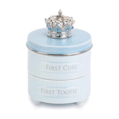 DEMDACO Blue Prince Crown First Tooth and Curl Keepsake Box, Ceramic