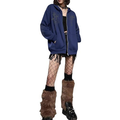 Zip Up Hoodies Y2k Jacket Graphic Gothic Jackets Grunge Cross Hoodie Baggy Streetwear Emo Sweater Aesthetic Clothes - color: Navy Blue, size: Small