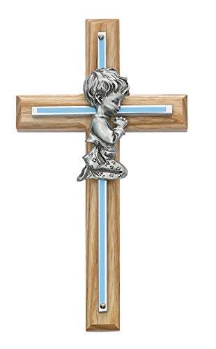 McVan Oak Cross Blue Pink Pewter Praying Boy Girl Baptism Christening First Communion Religious Gift (Blue)