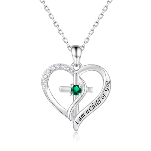 925 Sterling Silver I Am a Child of God Scripture Pendant with Birthstone Heart Cross Communion Necklace for Women Christian Faith Jewelry Gift - color: May