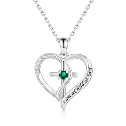 925 Sterling Silver I Am a Child of God Scripture Pendant with Birthstone Heart Cross Communion Necklace for Women Christian Faith Jewelry Gift - color: May