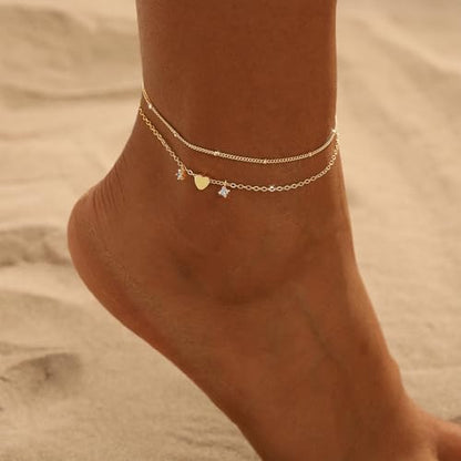 Ankle Bracelets for Women Waterproof Non Tarnish Anklet - style: 2 Layered Bead&Heart-GD