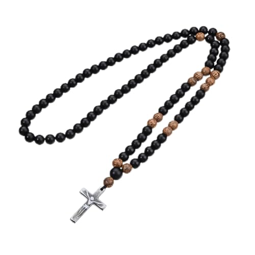 Black Onyx Glass Beads Men's Tiger Eye Stone Bead Necklace - color: Cross Pendant