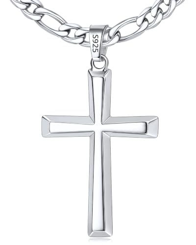 925 Sterling Silver Cross Necklace for Men with 5mm Figaro Chain - color: Silver, size: 20 inches