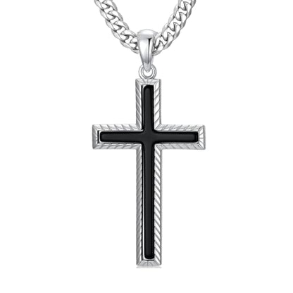 MRENITE Silver Natural Stone Cross Necklace, Classic Latin Cross Pendant Necklace for Unisex Women Man, Vintage Crystal Quartz Cross Necklace with 20+2 Inches Adjustable Cuban Chain - style: Black Onyx