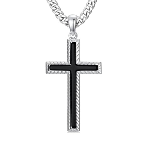 MRENITE Silver Natural Stone Cross Necklace, Classic Latin Cross Pendant Necklace for Unisex Women Man, Vintage Crystal Quartz Cross Necklace with 20+2 Inches Adjustable Cuban Chain - style: Black Onyx