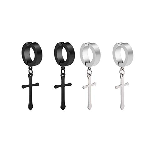 Non-pierced Earrings Set for Men Women Cross Titanium Steel Hoop Dangle Clip On Earring - style: set of 2 pairs