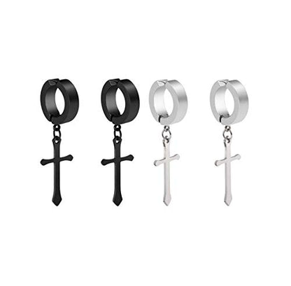 Non-pierced Earrings Set for Men Women Cross Titanium Steel Hoop Dangle Clip On Earring - style: set of 2 pairs