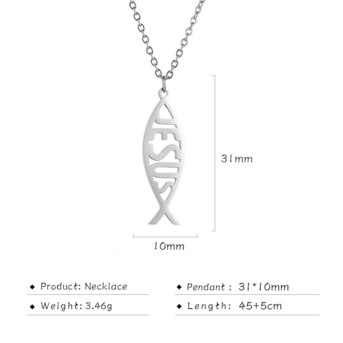 Ichthus Necklace for Women Christian Jesus Fish Necklace Christ Fish Cross Ichthys Pendant Necklace Ichthus Fish Religious Symbol Pendant Christian Jewelry Gift - color: silver