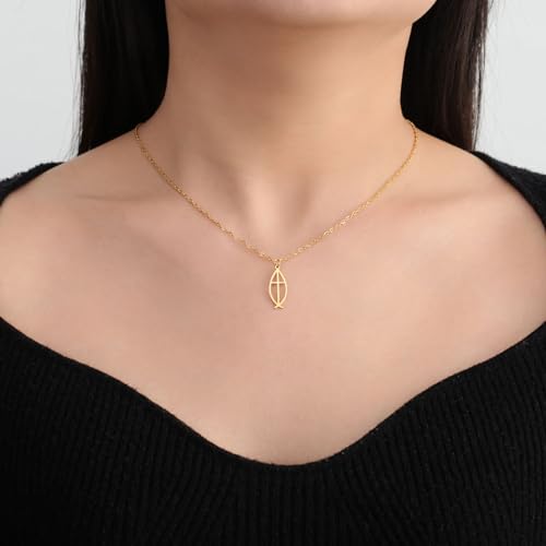 Ichthus Necklace for Women Christian Jesus Fish Necklace Christ Fish Cross Ichthys Pendant Necklace Ichthus Fish Religious Symbol Pendant Christian Jewelry Gift - color: Ichthys cross gold