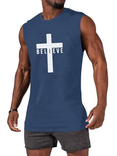 Men's Cotton Graphic Tank Tops Jesus Cross Believe Printed Faith Christian Shirts - color: Navy Blue, size: Medium