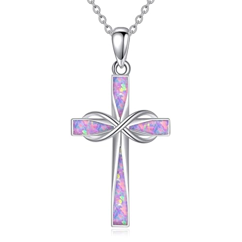 ONEFINITY Cross Necklace 925 Sterling Silver Cross Pendant Religious Jewelry Gifts - style: Pink Purple Opal