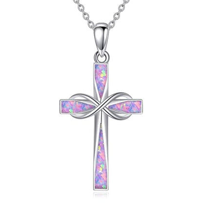 ONEFINITY Cross Necklace 925 Sterling Silver Cross Pendant Religious Jewelry Gifts - style: Pink Purple Opal
