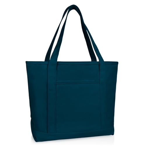 DALIX 20" Solid Color Cotton Canvas Shopping Tote Bag in Navy Blue - color: Navy Blue