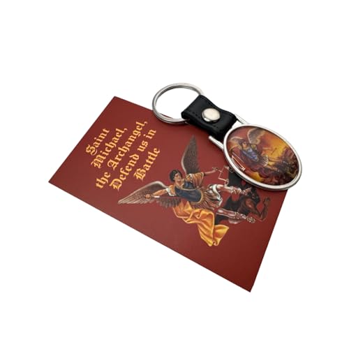 Westmon Works St Michael Keychain Pack Metal and Leather Key Ring with Holy Prayer Card