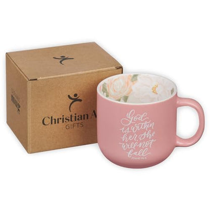 Christian Art Gifts Ceramic Coffee Mug: Psalm 46:5 Bible Verse - color: God is Within Her/Pink Floral, size: 14 Ounces