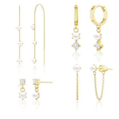 Moodear Gold Earrings for Women, 14K Plated Pearl Earring Stack Jewelry - color: 4pc pearl earrings