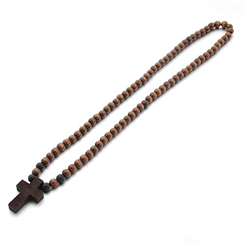 COLORFUL BLING Natural Wooden Catholic Rosaries Wood Crucifix Prayer Beads Pendant Necklace Prayer Jesus Religious Cross Rosary Necklace Handmade Jewelry - color: round dark