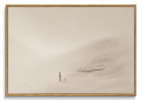 Jesus Leaves the 99 Sheep Wall Art, Modern Christian Canvas Decor Framed - color: Leave, size: 16"x24" Natural