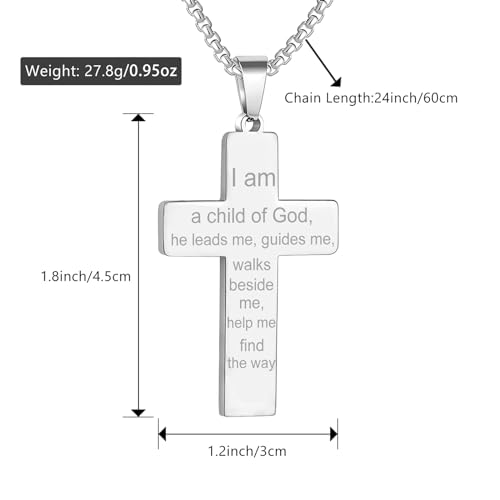 RWQIAN American Flag Cross Necklace for Men Bible Verse, Christian Religious Scriptures Faith Baptism 1st First Communion Pendant Chain for Boys, Fathers Dad Day Graduation Jewelry Gifts for Him - color: Silver, style: I am