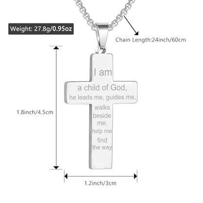 RWQIAN American Flag Cross Necklace for Men Bible Verse, Christian Religious Scriptures Faith Baptism 1st First Communion Pendant Chain for Boys, Fathers Dad Day Graduation Jewelry Gifts for Him - color: Silver, style: I am