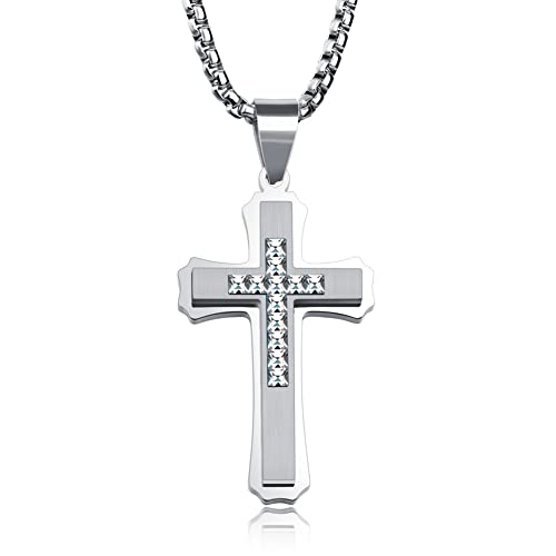 OLEVS Men's Cross Pendant Necklace Large Stainless Steel Cross Pendant Necklace for Men Women - color: silver crystal