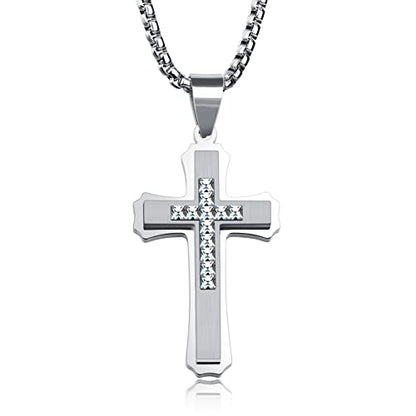 OLEVS Men's Cross Pendant Necklace Large Stainless Steel Cross Pendant Necklace for Men Women - color: silver crystal