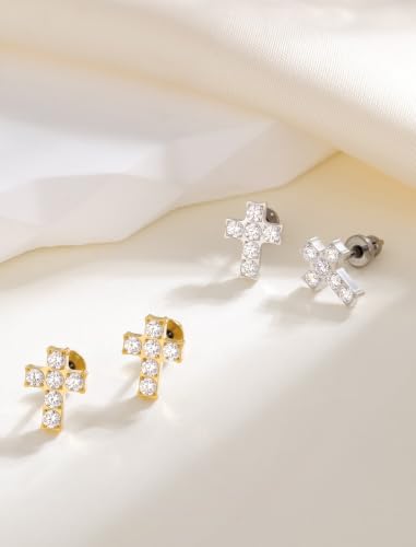 Limerencia Titanium Stud Earrings, Cross Earrings for Sensitive Ears - color: Silver +Butterfly Back with CZ